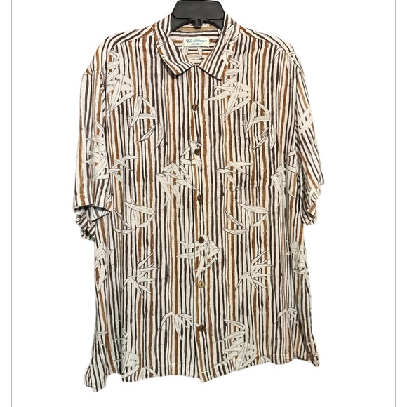 Caribbean silk blend Brown and White Men's Shirt tropical bamboo size XL - Picture 2 of 6
